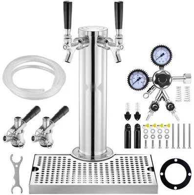 Image de Kit tour de Kégélateur - Kit de conversion de bière avec 2 robinets - Distributeur de bière en tour en acier inoxydable - Double jauge W21.8-régulateur - Raccord de fût S-System - Egouttoir à bière pour les fêtes à domicile