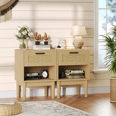 Image de Ensemble de 2 tables de chevet en bois avec tiroirs de rangement, couleur blanche