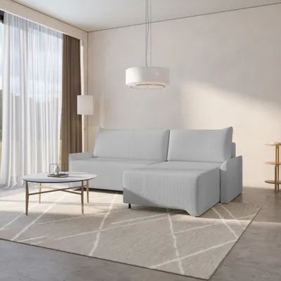 Produktbild von MOEBLO Ecksofa aus Cord – Ottomane beidseitig montierbar, Ecksofa , Couch für Wohnzimmer, Schlafsofa Sofagarnitur Sofa Eckcouch L-Form Cordstoff mit Bettkasten und Schlaffunktion - Ecksofa Rocky - Rechts, Hellgrau (Poso 55)