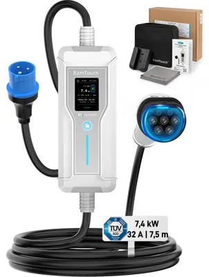 Image de Câble de charge mobile de type 2 - 7,4 kW - 32 ampères - 7,5 mètres - Bleu