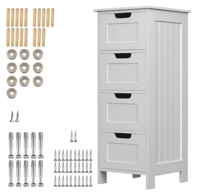 Immagine prodotto di Mobiletto contenitore per bagno, scaffale in legno con 4 cassetti, modello autoportante, dimensioni 30 x 30 x 82 cm, colore bianco