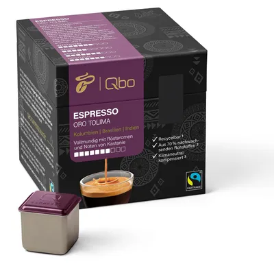 Produktbild von Tchibo Qbo Espresso Oro Tolima Premium Kaffeekapseln, 27 Stück (Espresso, Intensität 7/10, vollmundig mit Röstaromen), nachhaltig, aus 70% nachwachsenden Rohstoffen & klimaneutral kompensiert