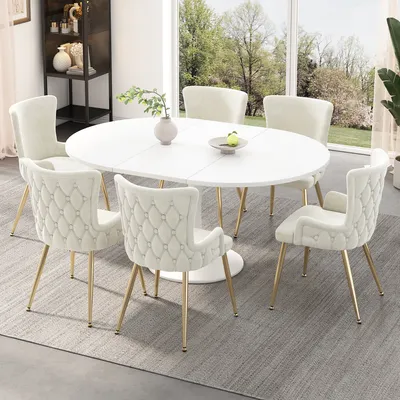 Produktbild von Flieks Stühle 6er-Set, Esszimmerstuhl mit Samtbezug, eleganter Loungesessel mit goldenen Metallbeinen, Küchenstühle Wohnzimmerstuhl, beige