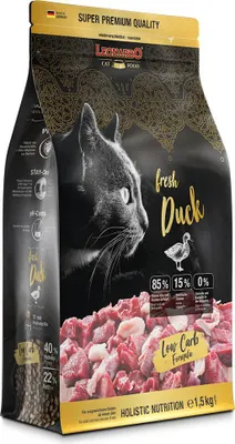 A bag of Leonardo cat food, featuring a cat's face and a pile of raw meat.