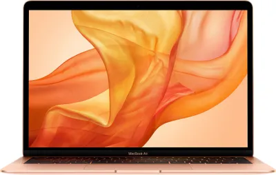 A rose gold MacBook Air laptop is shown from the front, open, displaying a colorful abstract wallpaper on its screen.