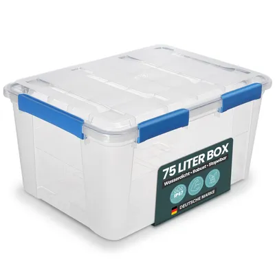 Produktbild von Kreher® Aufbewahrungsbox 75 L mit Deckel - wasserdicht & staubdicht, transparent & stapelbar, BPA- & schadstofffrei, robuste Kunststoffbox (1 Stück)