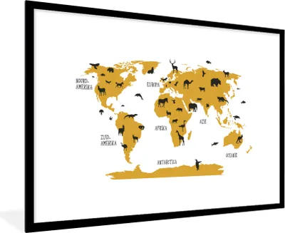 Produktbild von MuchoWow® Gerahmtes Poster Weltkarte - Kinder - Gold - Tiere - Kind 90x60 cm - Poster mit Schwarzem Bilderrahmen Wandposter Rahmen Foto Bilder - Wanddekoration - Fotos