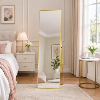 Imagen del producto de INONEFT HD, espejo de cuerpo completo de 140 x 40 cm. Espejo de pie cuadrado con marco de aleación de aluminio y base de metal. Fabricado con vidrio templado, color dorado