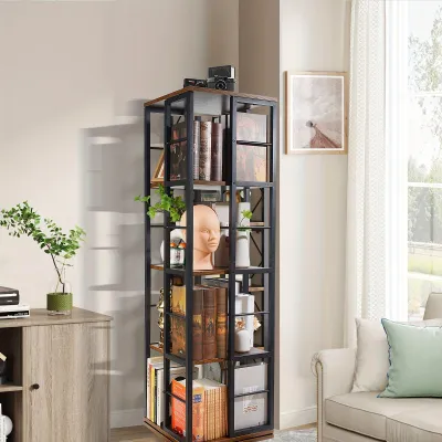 Produktbild von Drehbare Bücherregal – Bücherregal – Regalkorpus mit Fächern – Aufbewahrungsschrank – Ablagefläche – Schwarz + Braun