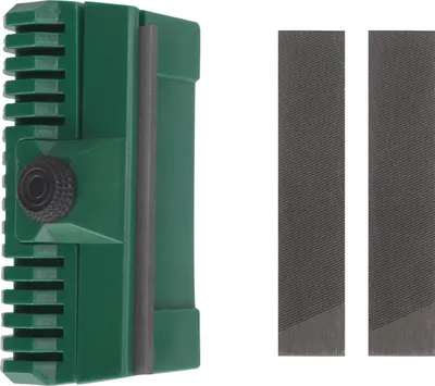 A green chainsaw file guide and two metal files are shown against a white background.