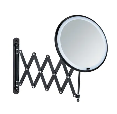 A black wall-mounted magnifying mirror with an LED light ring.
