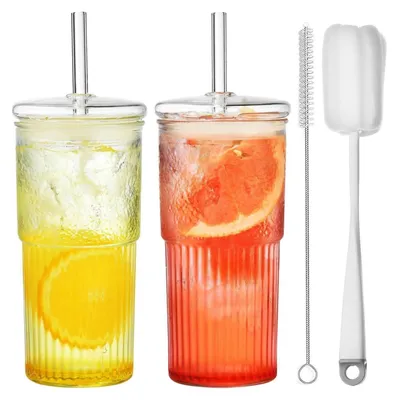 Zdjęcie produktu dla Szklany kubek ALINK 570ML Bubble Tea z pokrywką i słomką - zestaw 2 sztuk
