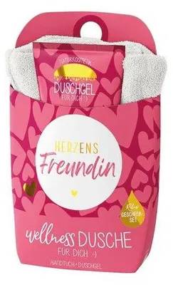 Produktbild von Geschenkset Duschgel mit weißem Handtuch, 200 ml, floraler Duft