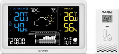 Zdjęcie produktu dla GARNI 618W Precise, Biały, Barometr wewnętrzny, Wilgotnościomierz wewnętrzny, Termometr wewnętrzny, Barometr zewnętrzny,..., Barometr, Wilgotnościomierz, Termometr, 10 - 99%, 10 - 99%, 2%