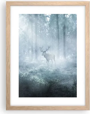 Produktbild von Gerahmtes Poster - Rahmen in heller Eiche - Hirsch Wald Morgendämmerung - 30x40 cm - Wand Bild - Wanddeko - Wandbilder - Kunstposter - Wandposter - Bilderrahmen - Bilder - Kunstdruck - P2NPA30x40-4667