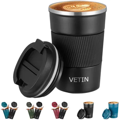 Produktbild von VETIN Kaffeebecher To Go Thermo 380 ml, 304 Edelstahl Thermobecher – Schwarz