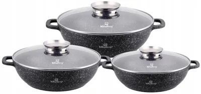 Three pots of different sizes are arranged in a group on a white background.