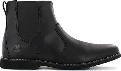 A black Timberland Chelsea boot is shown from the side against a white background.