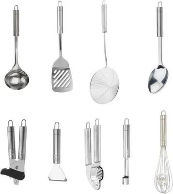 Image de Ensemble de 9 Ustensiles de Cuisine Fackelmann Ovale, Acier Inoxydable, Set Complet