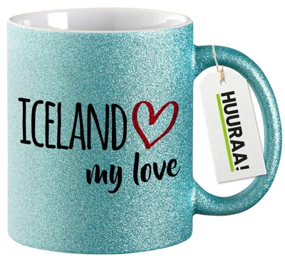 Produktbild von Huuraa Glitzertasse Iceland my love 330ml Blau Keramik Kaffeebecher Geschenkidee