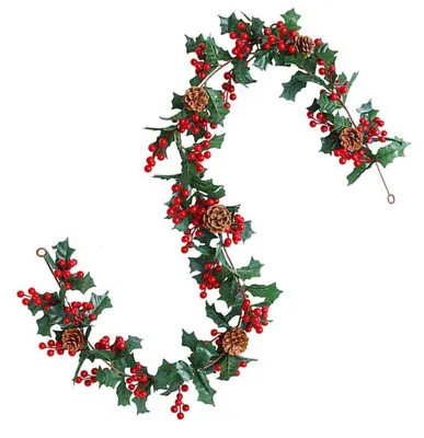 Image de Guirlande de Noël de 175 cm, avec des baies rouges et des cônes de pin artificiels, pour intérieur
