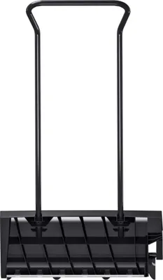 A black snow shovel with a handle, shown from the front.