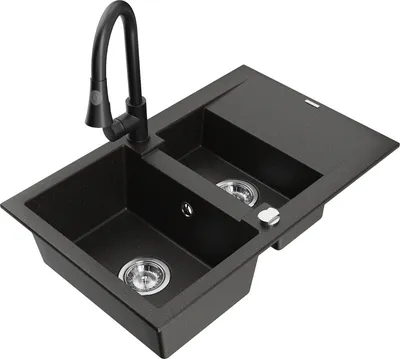 Produktbild von Mexen Gaspar 1,5-Becken-Granitspüle mit Abtropffläche und Mischbatterie Elia, Schwarz/Gold metallisch - 6507-75-670101-70