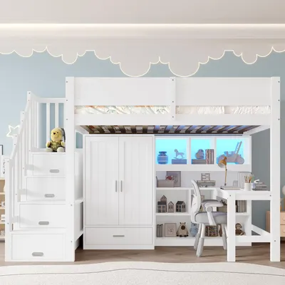 A white loft bed with integrated wardrobe, bookshelf, and desk, set against a light blue wall with cloud decorations.