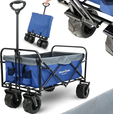 Produktbild von deluxe4home® Bollerwagen faltbar in Blau I Breite Reifen Geländetauglich I Mit 2 Netztaschen I Handwagen Transportwagen I Trolley bis 120kg
