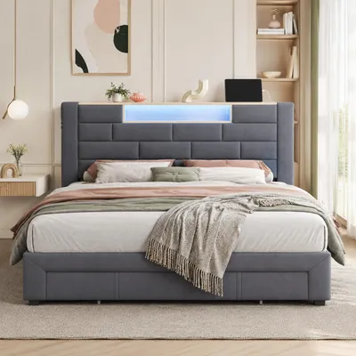 Zdjęcie produktu dla Łóżko młodzieżowe INONEFT, podwójne, 160x200 cm, łóżko tapicerowane z oświetleniem LED i portem USB typu C, łóżko z pojemnikiem na pościel i 3 szufladami, stelaż łóżka z listwami, tkanina welurowa, kolor szary