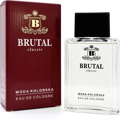 A bottle of Brutal Classic Eau de Cologne and its packaging are displayed against a white background.