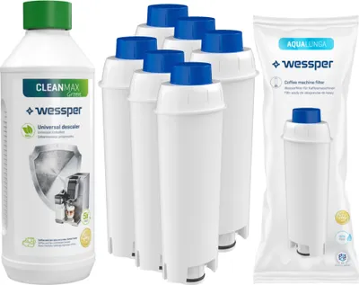 Produktbild von Wessper Set: 6x Wessper AquaLunga Wasserfilterpatrone für DeLonghi Kaffeemaschinen (Ersatz SER3017 DLS C002) + Wessper CleanMax 500ml Entkalker