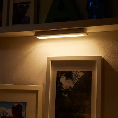 A shelf with framed pictures and a light bar above them.