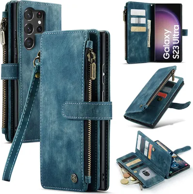 A collage of images showing a blue leather wallet-style phone case for a Samsung Galaxy S23 Ultra.