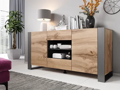 Produktbild von MIRJAN24 Kommode Wood, Stilvoll Sideboard mit zwei Schubladen und Türen, Moderne Füße (Farbe: Wotan / Anthrazit)