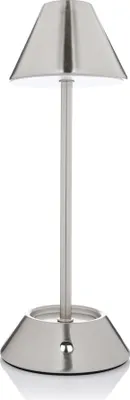A modern, brushed steel LED table lamp with a conical shade and a round base, shown against a white background.