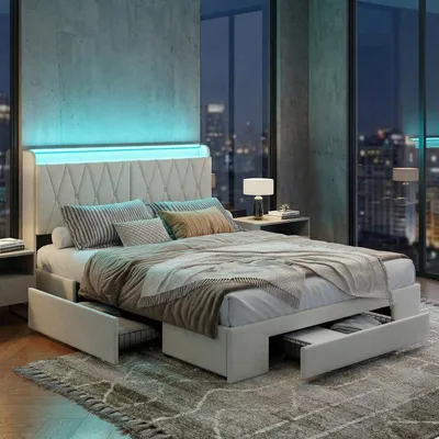Obrázek produktu pro Dvoulůžková postel ProximaX 140 × 200 cm, béžový samet, 4 zásuvky, čelo s úložným prostorem, RGB LED osvětlení, nabíjecí stanice EU