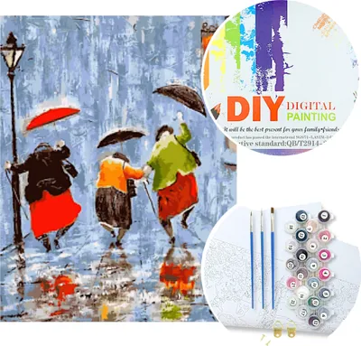 A collage showing a painting of people with umbrellas in the rain, and a DIY digital painting kit with paints and brushes.