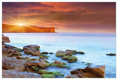 Produktbild von Wallario Küchenrückwand aus Glas, Größe: 90 x 60 cm, Motiv: Sonnenaufgang am Meer mit Landzunge und Felsen im Wasser | Spritzschutz | abwischbar | pflegeleicht | in