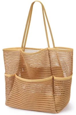 Mesh-Strandtas, große faltbare Schwimmtasche mit Taschen, Khaki, L