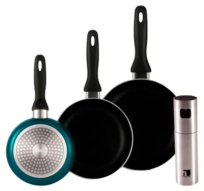 Produktbild von Well Home Set mit 3 Pfannen, Ø 16 x 20 x 24 cm, aus gepresstem Aluminium in Blau metallic und Öl- und Essigsprüher, Ø 4 x 17,5 cm, Edelstahl