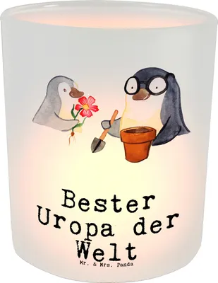 Produktbild von Mr. & Mrs. Panda Glas Teelichthalter Pinguin Bester Uropa der Welt - Transparent - Geschenk, Kerzenhalter, Enkel, Windlicht aus, Geschenkidee, Geburtstag, Kleinigkeit
