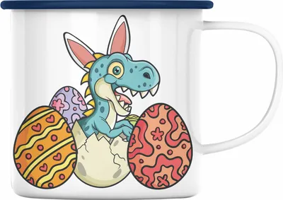 Produktbild von Trendation - Emaille Tasse Ostern T-Rex Dino Ostergeschenke Kinder Jugendliche Geschenke Lustige Grafik Osterhase Ostereier (Blau)