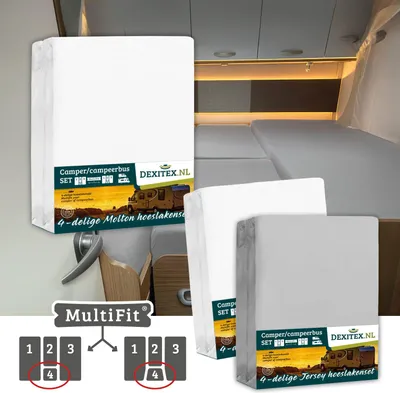 Produktbild von Dexitex Textilset 4-teilig mit Mittelmatratze – 2 Spannbettlaken-Set (4 Stück) + 1 Molton Matratzenschoner-Set 4 Stück 1 Molton + 1 Weiß / 1 Hellgrau