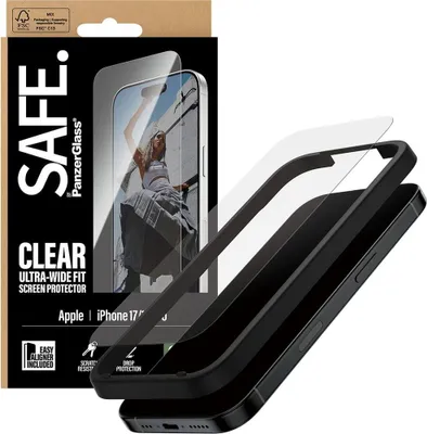 Obrázok produktu pre PanzerGlass SAFE. by ® Screen Protector iPhone 17 | iPhone 16 Pro | Ultra-Wide Fit w. EasyAligner, Apple, Apple - iPhone 17, Apple - iPhone 16 Pro, Suché aplikovanie, Odolné proti poškriabaniu, Odolný proti nárazom, Priehľadná, 1 kusov