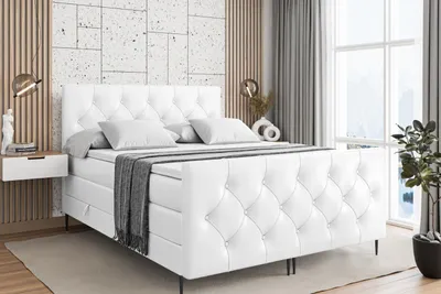 Produktbild von ALTDECOR Boxspringbett mit Schwarz Füßen, Matratze und Lattenrost, Topper, Fußteil, Polsterbett mit Bettkasten, Bett mit Stauraum H3- und H4- Matratze -MIRAGE-FC-Z KING-200x200 - Weiß Kunstleder