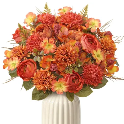 Image de Fleurs artificielles, bouquet d'automne, 4 roses de Pâques, chrysanthèmes, décoration orange, 32 cm