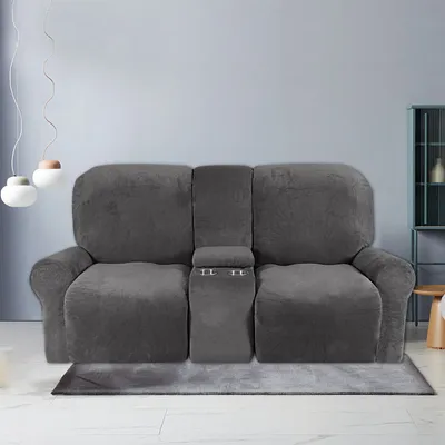 Produktbild von 8-teiliger Stretch Samt Hussen Recliner Sofabezug mit Getränkehaltern,Dicke Plüsch Liegesofa 2-Sitzer Recliner-Abdeckung,Grau
