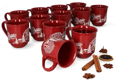Produktbild von 12er Set Glühweinbecher 0,2L rot Weihnachtslandschaft Keramik Glühweintassen geeicht