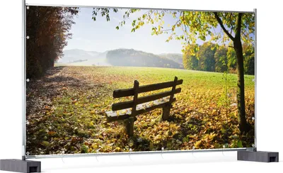Produktbild von Wallario XXL Outdoor-Poster für Garten oder Balkon, Motiv Idyllische Holzbank in den Bergen, in ca. 340 x 173 cm